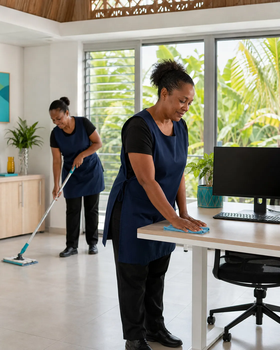 Équipe de nettoyage en tenue bleu nuit entretenant un bureau lumineux ouvert sur la végétation tropicale